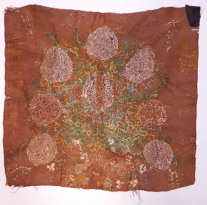 Antique Early 19th Century Silk Embroidered Floral Birds Nest Picture Square back view