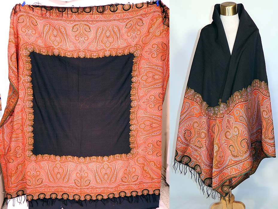Victorian Antique Jacquard Loom Wool Large Black Square Center Paisley Shawl. It is made of jacquard loomed woven wool done in strong vibrant vivid colors of orange, red, gold, green, turquoise blue, black and white.