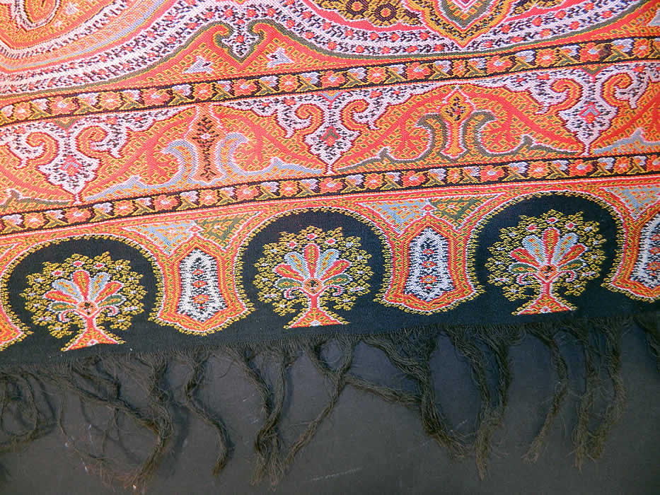 Victorian Antique Jacquard Loom Wool Large Black Square Center Paisley Shawl. These paisley shawls were made in Kashmir and Europe in Scotland at Paisley itself.