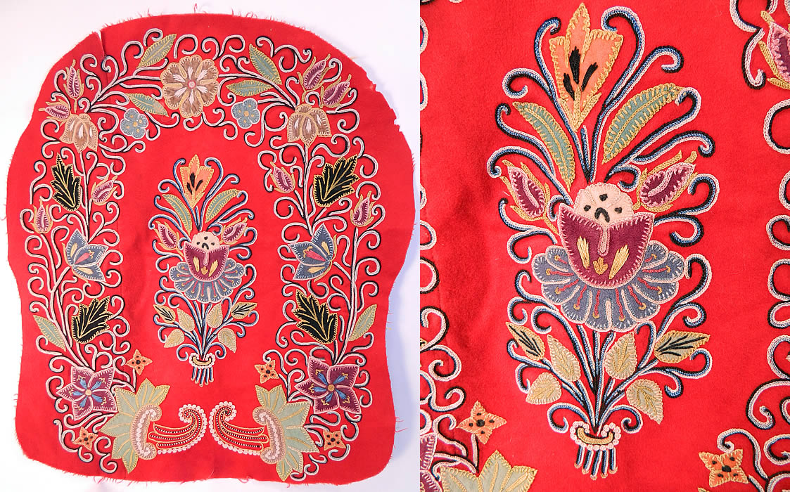 Antique Resht Rasht Iran Embroidered Chain Stitch Applique Wool Fabric. It is made of a red wool fabric background, with colorful pieces of felted wool cutout pieced applique chain stitch hand embroidery work done in a decorative scrollwork floral leaf design. 