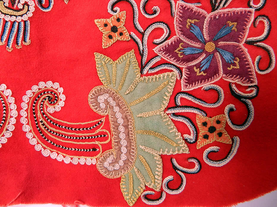 Antique Resht Rasht Iran Embroidered Chain Stitch Applique Wool Fabric. This exquisitely embroidered fabric remnant might have been part of a cushion cover, wall hanging or saddle blanket.