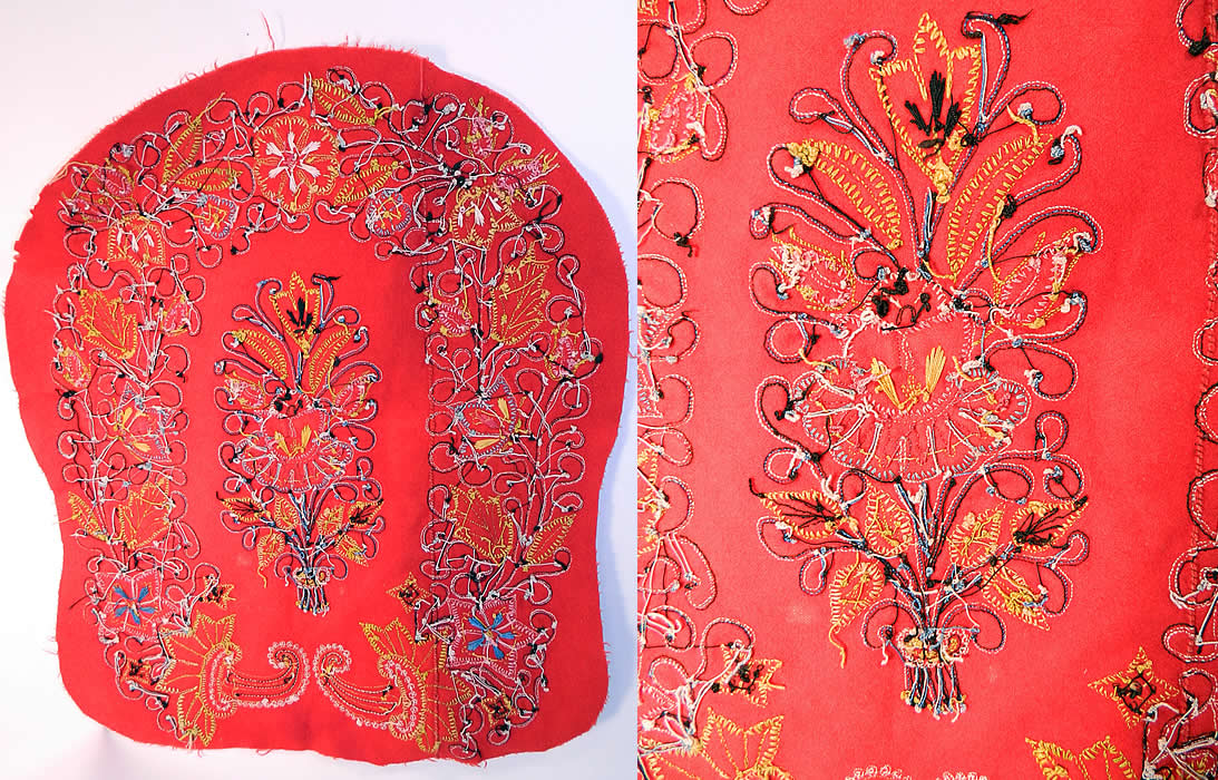Antique Resht Rasht Iran Embroidered Chain Stitch Applique Wool Fabric. It measures 19 inches long and 16 inches wide. The fabric is in good condition, has been cut and would be great for design. This is truly a rare and wonderful piece of embroidered Persian textile art.