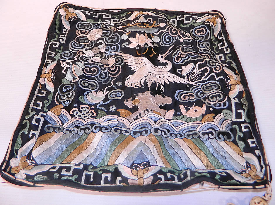 Antique Chinese Silk Embroidered Crane Bird First Rank Badge Tassel Trim. The badge is made of a black silk background, with colorful hand stitched raised padded satin stitch embroidery work.