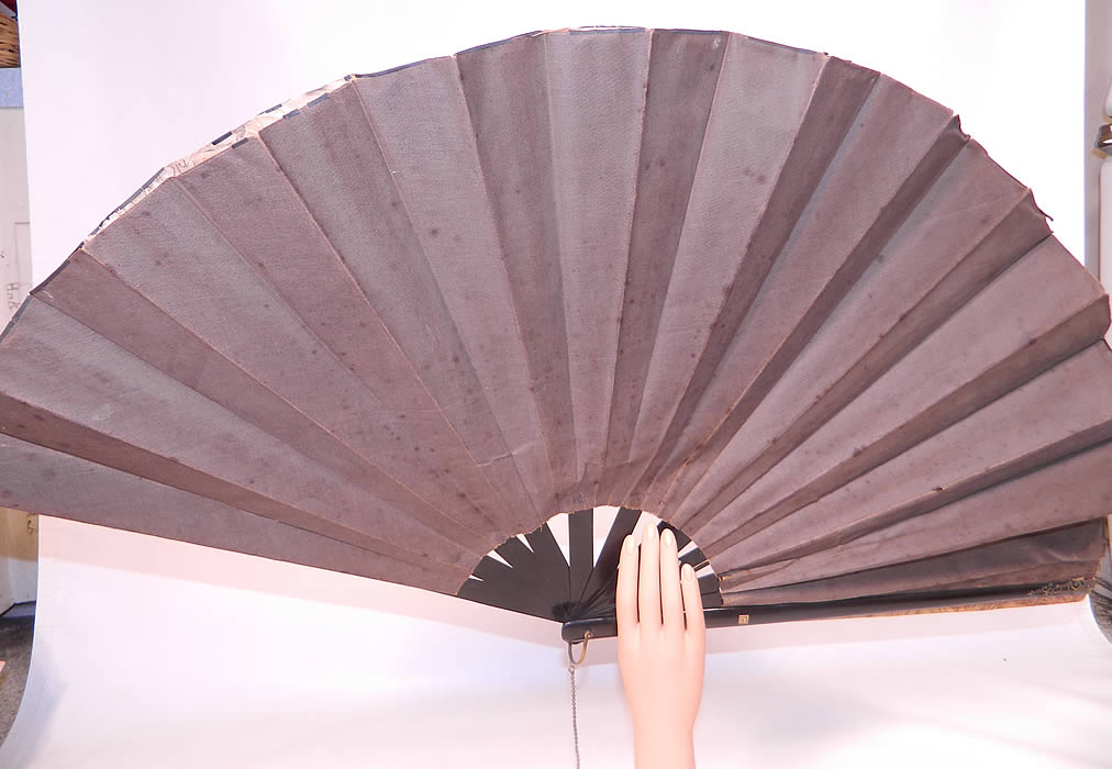 Victorian Antique Ottoman Large Chintz Figural Belly Dancer Harem Embroidered Fan. This large oversized fabulous fan is backed in a brown cotton fabric and was likely a souvenir piece. The fan measures 19 inches long and 50 inches wide when opened. It is in good condition, with only some small age spot stains on the backing and some separation along the top edging. 