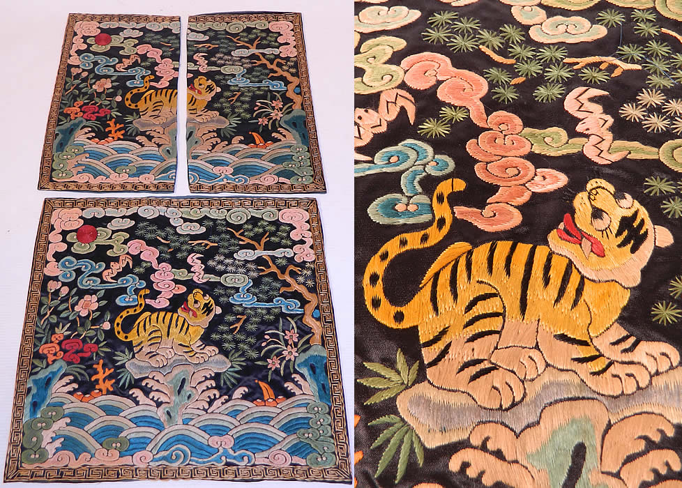 Antique Chinese Silk Embroidered Tiger Fourth Rank Military Badge Pair. This pair of antique Chinese silk embroidered tiger fourth rank military badge dates from the early 20th century towards the end of the Qing Dynasty. The badge is made of colorful padded satin stitch hand embroidery work.