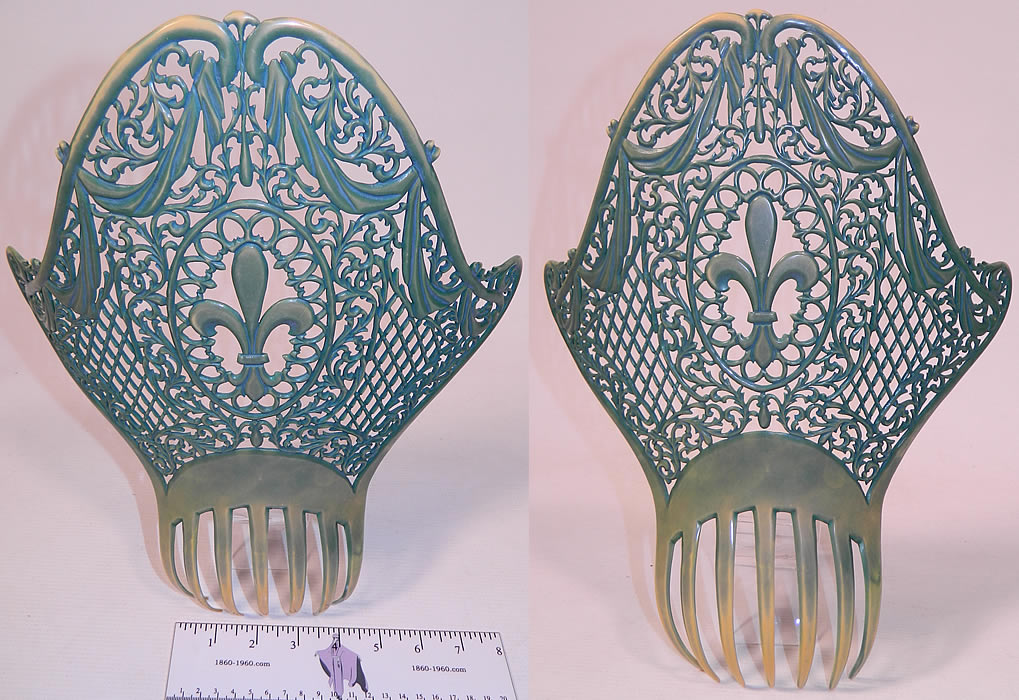 Vintage Large Spanish  Flamenco Mantilla Peineta Hair Comb Fleur de Lis. This vintage large Spanish flamenco mantilla peineta hair comb fleur de lis design dates from the 1920s. It is made of a muted jade green color celluloid plastic, with a decorative filigree open work design and fleur de lis design in the center. 
