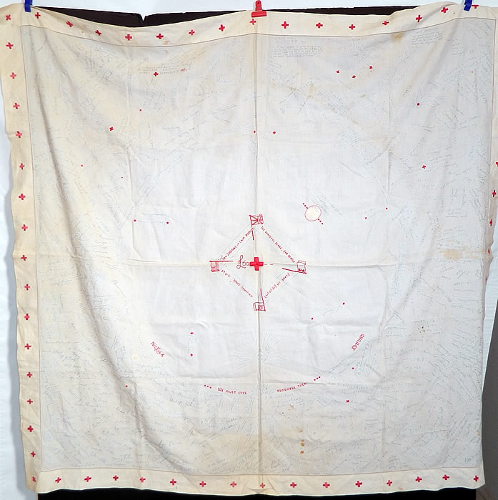 Vintage End of WWII Allies British Red Cross Signature Embroidered Linen Tablecloth. This amazing antique WWII allies British Red Cross signature embroidered linen tablecloth dates from 1940 to 1945.