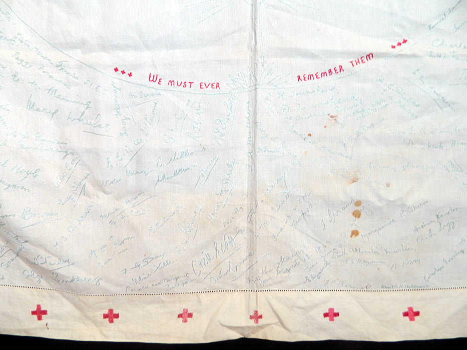 Vintage End of WWII Allies British Red Cross Signature Embroidered Linen Tablecloth. This war time piece was created by the British Red Cross in an effort to raise money which they raised 50 pounds. 
