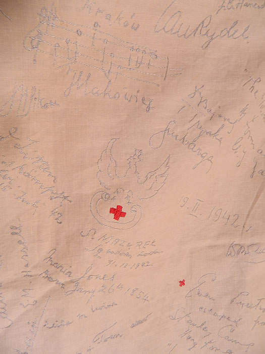 Vintage End of WWII Allies British Red Cross Signature Embroidered Linen Tablecloth. This is truly a rare and wonderful important piece of World War II history and textile art! 