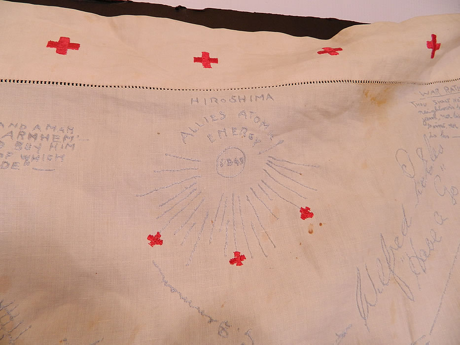 Vintage End of WWII Allies British Red Cross Signature Embroidered Linen Tablecloth. There are a variety of embroidered signatures and dates throughout including thoughtful sentiments and a reference to Hiroshima. 