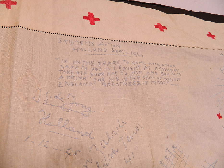 Vintage End of WWII Allies British Red Cross Signature Embroidered Linen Tablecloth. This is truly a rare and wonderful important piece of World War II history and textile art! 