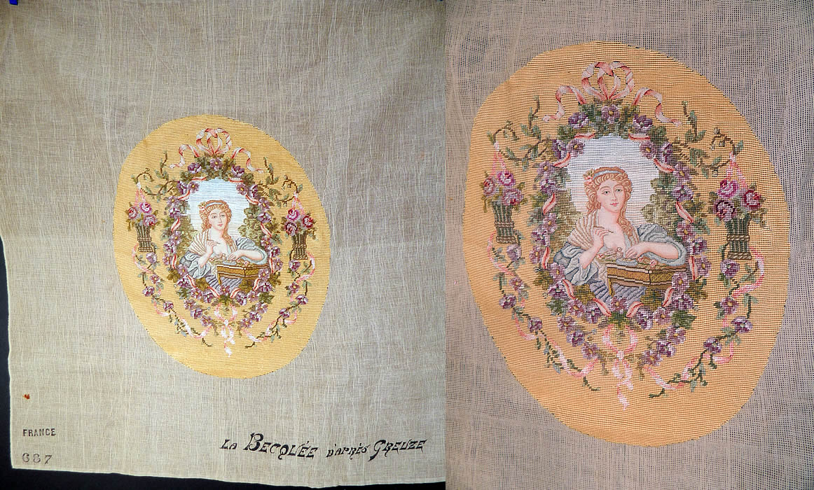Antique 18th Century Inspired Needlepoint Petitpoint Portrait Greuze French Fabric. This antique 18th century inspired needlepoint petitpoint portrait Greuze French fabric dates from the 1920s. It is made of a canvas background, with a colorful beautifully hand done needlepoint petitpoint embroidery work portrait of an 18th century women inspired from the painting titled La Becqu&eacute;e d'apr&eacute;s Greuze by French artist Jean Baptiste Greuze. 