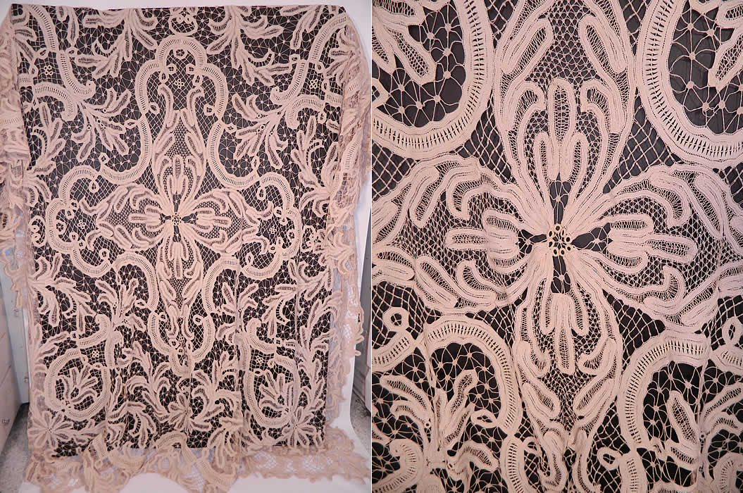 Victorian Antique  Battenburg Tape Lace Bedspread Tablecloth Textile Fabric. This Victorian era antique battenburg tape lace bedspread tablecloth textile fabric dates from 1900. It is made of an off white cream color sheer filmy linen stitch, fine tape lace, with button hole stitching, connecting brides and bars done in a floral, leaf, scrolling, spiral design. 