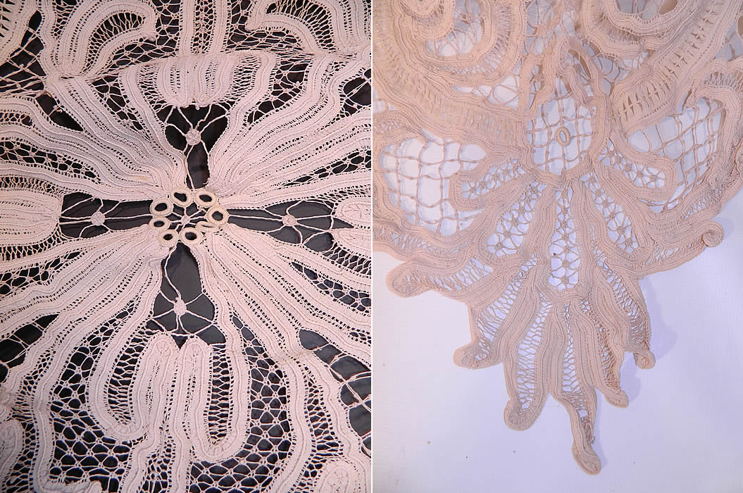 Victorian Antique  Battenburg Tape Lace Bedspread Tablecloth Textile Fabric. There is a decorative large floral design center and scalloped trim edging surrounding it. This large lovely lace textile could be used as a bedspread bed cover, tablecloth table cover or created into something new and is truly a work of art.
