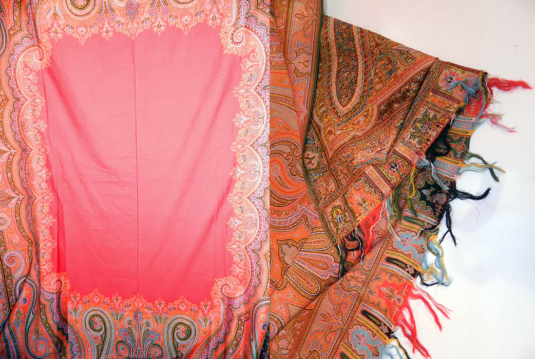 Victorian Antique Large Banquet Size Jacquard Hand Loom Red Wool Paisley Shawl. These paisley shawls were made in Kashmir, Persia, India and Europe in Scotland at Paisley itself. 