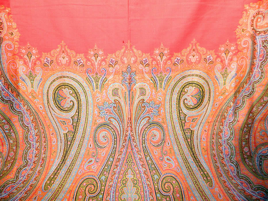 Victorian Antique Large Banquet Size Jacquard Hand Loom Red Wool Paisley Shawl. This stunning shawl has wonderful workmanship and detail with a colorful decorative fringed border on the two ends, green selvage along the side edgings and a large red wool center.