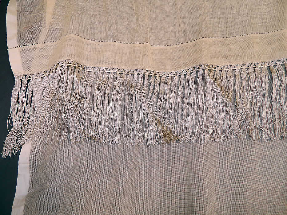 Victorian Antique Point de Venise Lace Floral Bird Net Fringe Drapery Curtain Panel. This lovely lace single drapery curtain panel has both a fringe trim top and bottom which could be draped over a rod or also has a rod pocket sewn along the top for hanging.