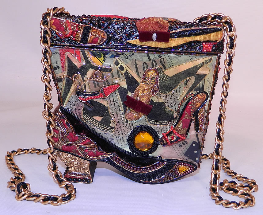 Vintage Mary Frances Paper Mache Decoupage Wooden Shoe Beaded Box Purse. This vintage Mary Frances paper mache decoupage wooden shoe beaded box purse dates from 1990.