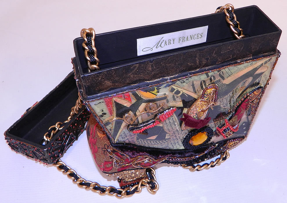 Vintage Mary Frances Paper Mache Decoupage Wooden Shoe Beaded Box Purse. There is a "Mary Frances" designer label inside and numbered tag 0858 which these were  a made in a limited edition and then retired