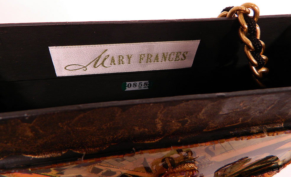 Vintage Mary Frances Paper Mache Decoupage Wooden Shoe Beaded Box Purse. There is a "Mary Frances" designer label inside and numbered tag 0858 which these were  a made in a limited edition and then retired