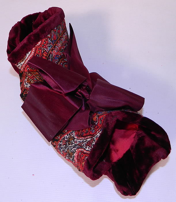 Antique Kashmir Hand Embroidered Woven Wool  Paisley Velvet Winter Muff. The muff was custom made and created from an early 19th century Kashmir paisley shawl, with wonderful workmanship and design. 