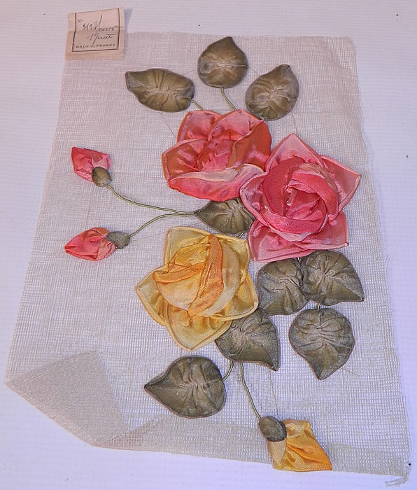 Unused Made in France Antique Large Silk Rosette Ribbon Work Applique Trim. This unused Made in France antique large silk rosette ribbon work applique trim dates from the 1920s.