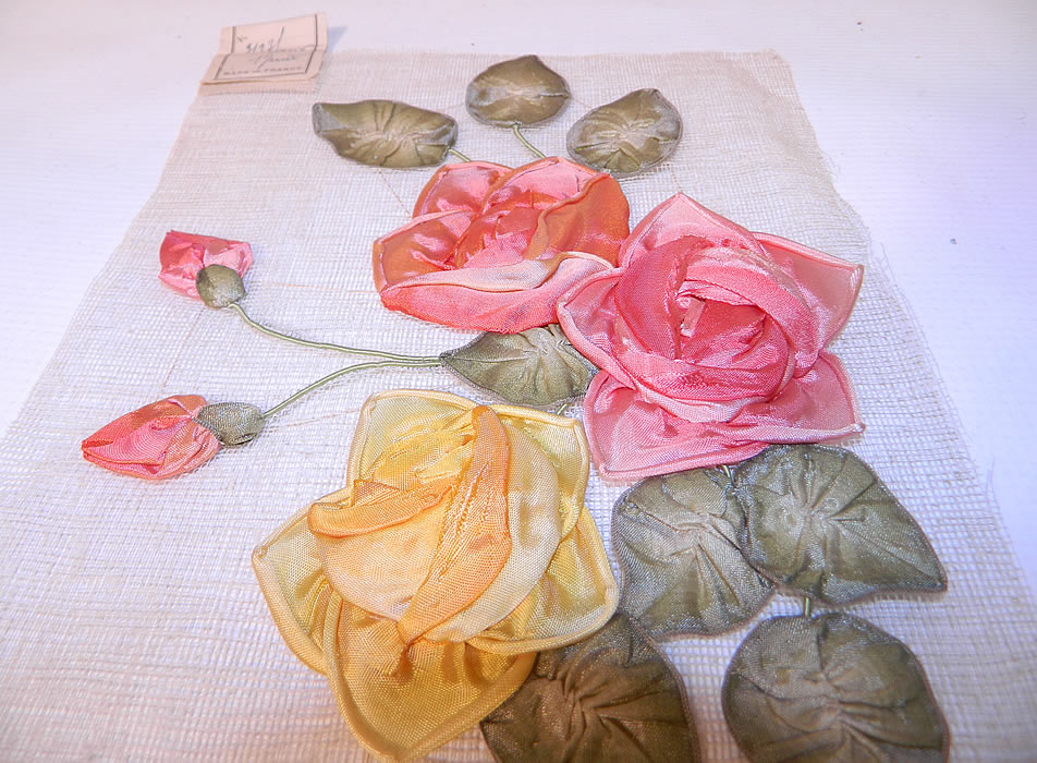 Unused Made in France Antique Large Silk Rosette Ribbon Work Applique Trim.