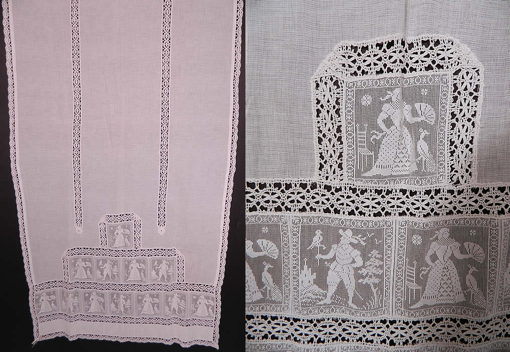 Victorian Antique White Figural Filet Lace Net Drapery Curtain Panel Pair. 