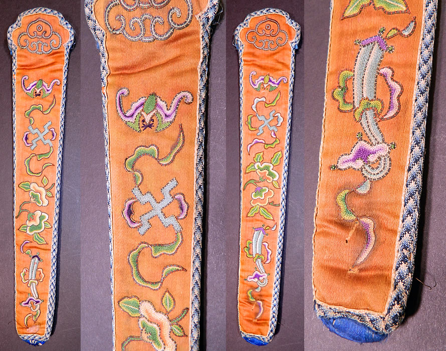 Antique Chinese Orange Silk Peking Stitch Embroidery Bat Swastika Fan Case Holder Purse. This antique Chinese orange silk Peking stitch embroidery bat, swastika fan case holder purse dates from the mid 19th century during the Qing Dynasty. It is hand stitched, made of a orange silk fabric, with colorful Peking stitch hand embroidery work backstitching and gold metallic thread couching work outlining.