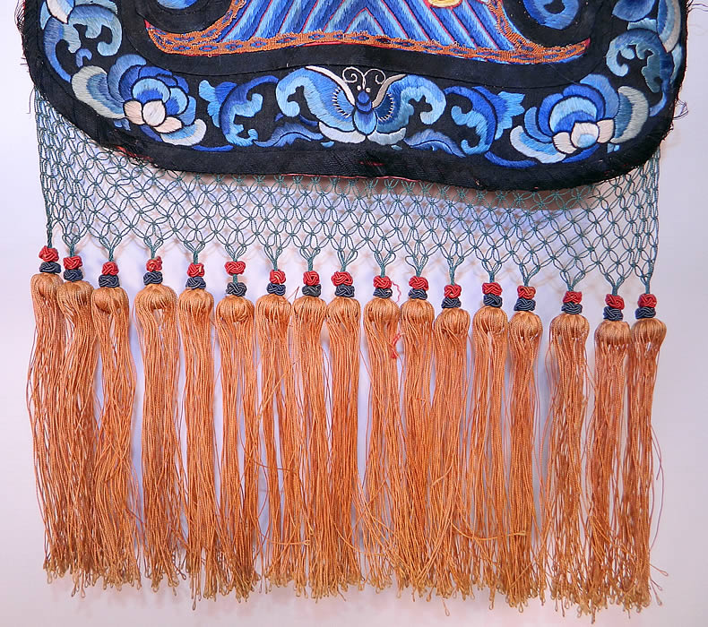 Antique Chinese Chaoqun Court Apron Skirt Panel Embroidered Gold Dragon. This fabulous formal court attire chaofu chaoqun apron skirt panel is backed and lined in a peach silk damask peony flower brocade fabric. The panel measures 37 inches long, 7 inches wide at the top and 10 inches wide at the bottom. It is in good condition, with only some fraying along the top and side trim edging. This is truly a rare and magnificent piece of antique Chinese textile art!
