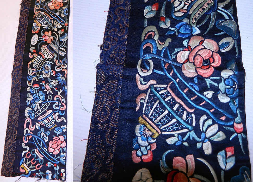 Antique Chinese Silk Embroidered Robe Trim Sleeve Band Cuff Collar. There are a variety of intricately, densely embroidered flowers, peony, lotus and vases, with a woven silk trim edging. 