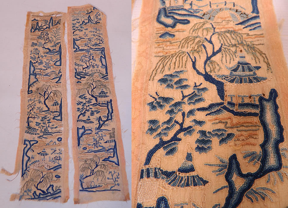 Antique Chinese Silk Embroidered Forbidden Stitch Robe Sleeve Band Cuffs Pair. This pair of antique Chinese silk embroidered forbidden stitch robe sleeve band cuffs date from the mid 19th century during the Qing Dynasty.