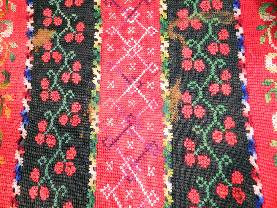 Victorian Antique Colorful Wool Hand Knit Embroidered Fringe Striped Shawl Blanket. The shawl  measures 69 inches long and 31 inches wide. It is in good condition, with some missing fringe trim, a  break in the knit trim and a few small fade age spot stains (see close-ups). This is truly a wonderful example of antique hand knit textile art! 