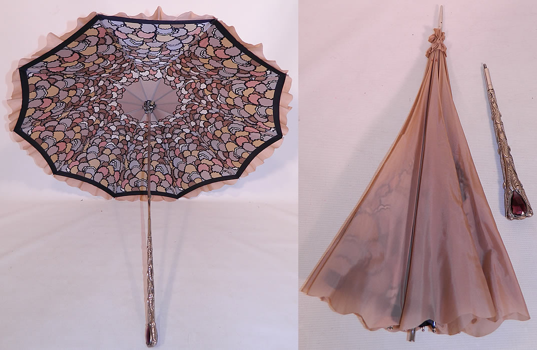 Vintage Ecru Nylon Abstract Print Amethyst Jeweled Silver Handle Parasol Umbrella. This pretty parasol umbrella has a ruffled edging, unique mod print layered inside lining, with metal frame and a detachable screw handle base (see close-up). 