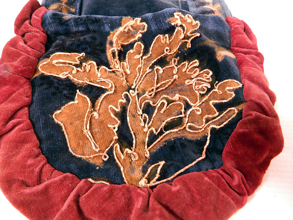 Victorian Antique Printed Velvet Soutache Embroidered Belted Pouch Purse. This beautiful belted bag pouch purse has velvet trim straps for wearing around the waist, with hook closures.