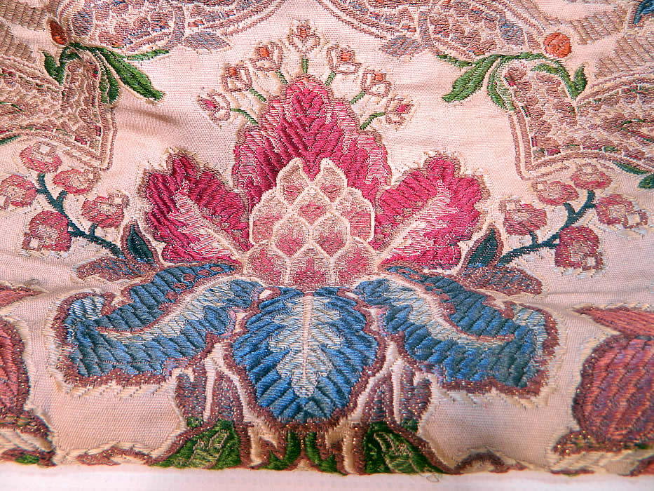 Victorian Antique  Silk Damask Brocade Jacobean Tapestry Fabric Bag Purse.The purse measures 17 inches long, 12 inches wide and is 40 inches in circumference. 