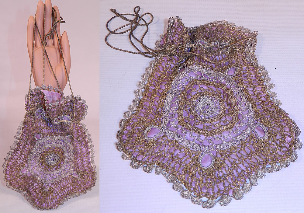 Vintage  Gold & Silver Lam&eacute; Lame Crochet Lace Reticule Flapper Bag Purse. This vintage gold and silver lam&eacute; crochet lace reticule flapper bag purse dates from 1920s. It is made of gold and silver lam&eacute; metallic threads hand knit into a loose weave crochet lace circular design on both sides.