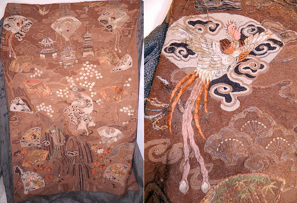 Antique Japanese Silk Embroidered Couching Dragon Birds Wall Hanging Tapesrty
This antique Japanese silk embroidered couching dragon birds wall hanging tapestry dates during the Meiji period from the mid 19th century. 