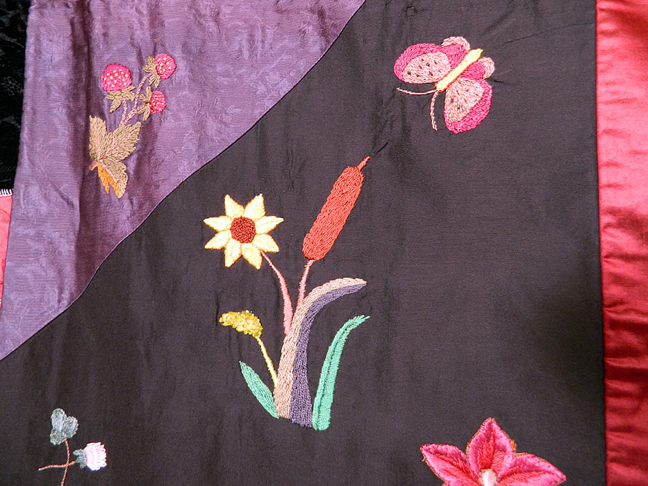 Victorian Antique Silk Embroidered Fancy Needlework Applique Crazy Quilt 
It is hand stitched, made of a wide variety of colorful silk, brocade, velvet dress fabric pieces with decorative varying stitching techniques, French knots, embroidery, fancy needlework, appliques. 