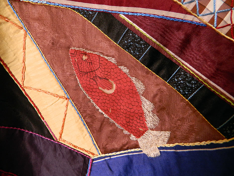 Victorian Antique Silk Embroidered Fancy Needlework Applique Crazy Quilt 
This amazing crazy quilt has a unique pattern design, with a variety of flowers, leaves, butterflies, birds, fish, strawberries and a door. 