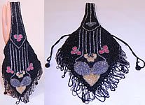 Vintage Art Deco Black & Silver Beaded Fringe Drawstring Flapper Purse