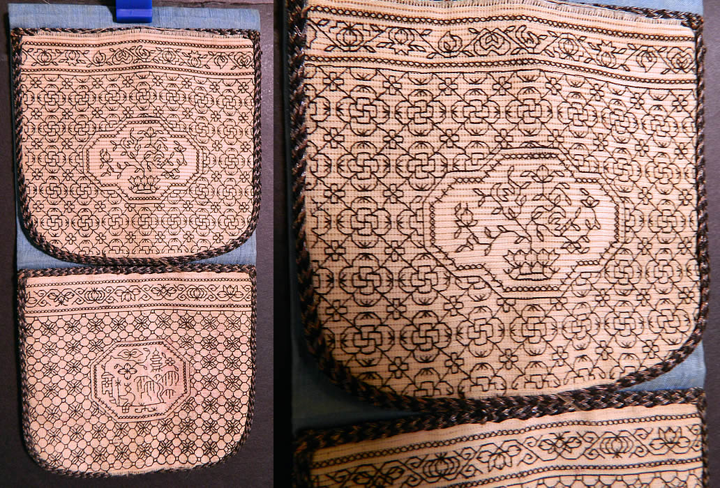 Antique Chinese Cross Stitch Embroidery Black & White Miser Coin Pouch Purse
This antique Chinese cross stitch embroidery black and white miser coin pouch purse dates from the 19th century during the Qing Dynasty. It is hand stitched, made of a blue silk fabric, with white silk weave pockets on either end and tiny black cross stitch embroidery work. There are lotus flowers, a symbol of purity on one end and shrine garden scene on the other end.