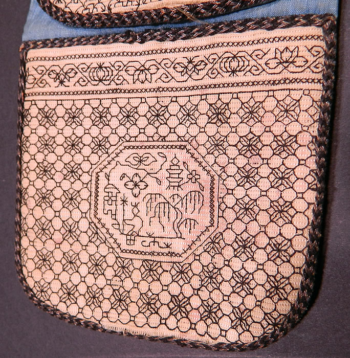 Antique Chinese Cross Stitch Embroidery Black & White Miser Coin Pouch Purse
This small unique long miser style coin purse pouch has a slit opening in the center for storing money and is lined in a white fabric, with pocket storage on the ends, trimmed with black & gold silk rope braiding. These pouches also called pockets were meant to hold small things such as coins or seals since there were no pockets on the clothing.