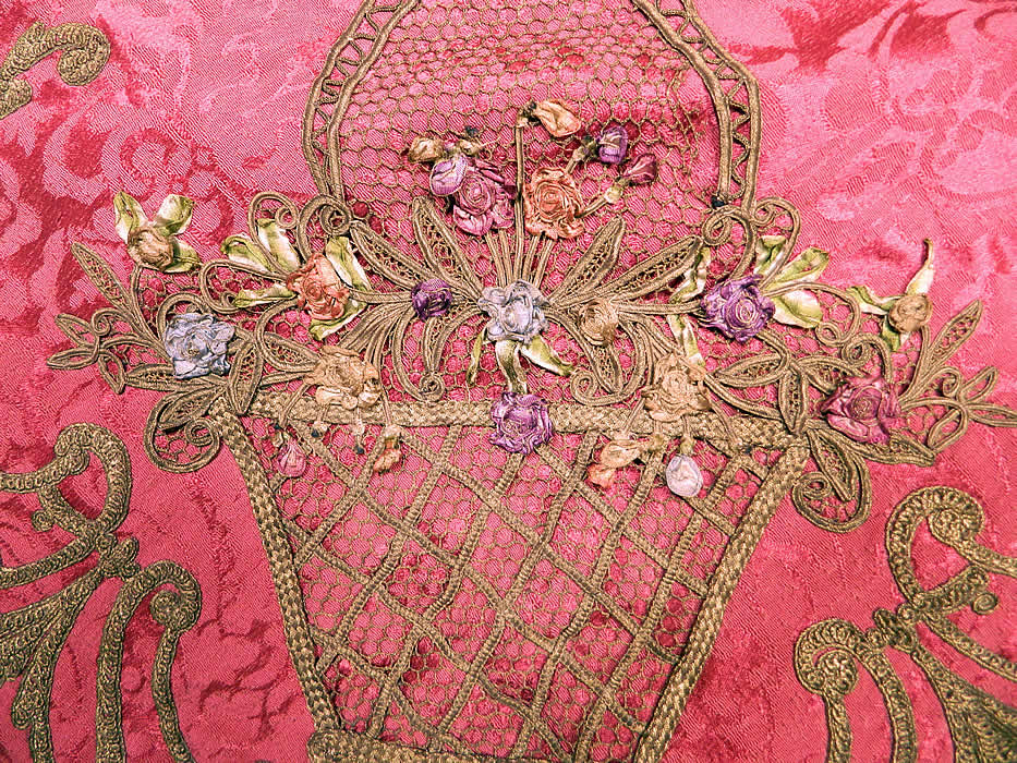 Antique Red Silk Brocade Gold Lam&eacute; Lame Rosette Ribbon Work Flower Basket Tablecloth
This amazing Art Nouveau textile might have been used as a tablecloth, table or piano shawl cover, with hand knotted red & gold multi color silk fringe tassel trim surrounding the entire piece and is backed in linen. 