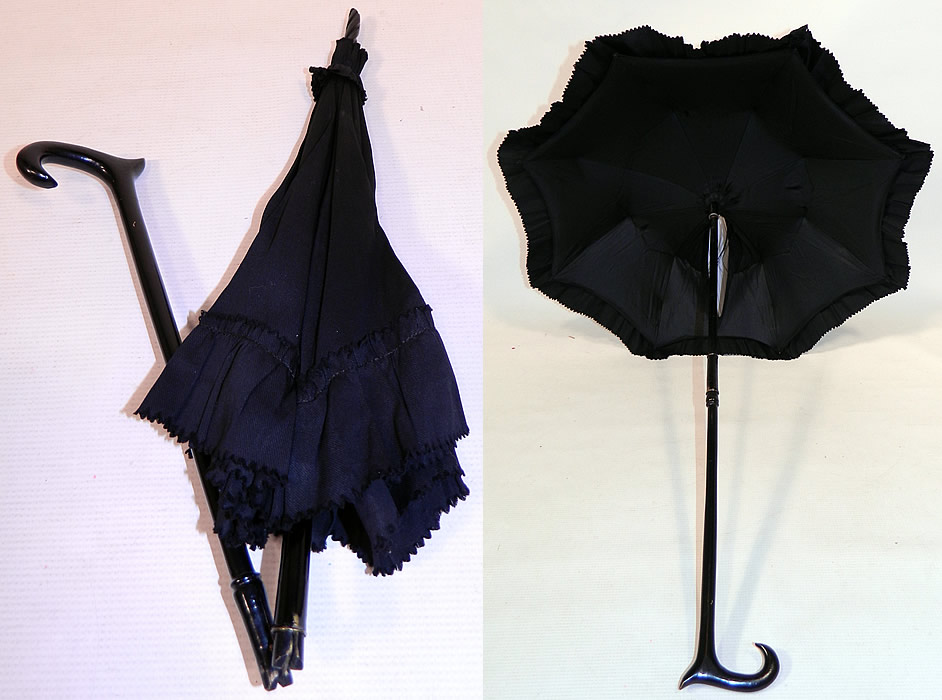 Victorian Civil War Black Silk Ebony Folding Handle Marquis Mourning Parasol
It is made of a black silk fabric, with ruffle trim edging along the bottom. 