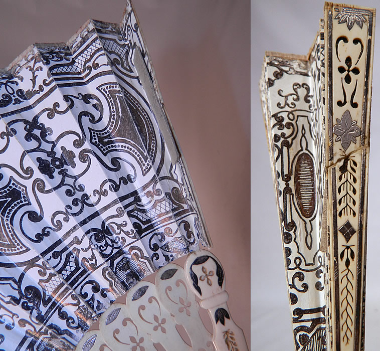 Victorian Lithograph Silver Foil Inlay Pierced Pleated Folding Fan
It is in good condition, but does have a broken mended repair to one guard stick (see close-ups). This is truly a rare and wonderful piece of Victoriana work of art! 