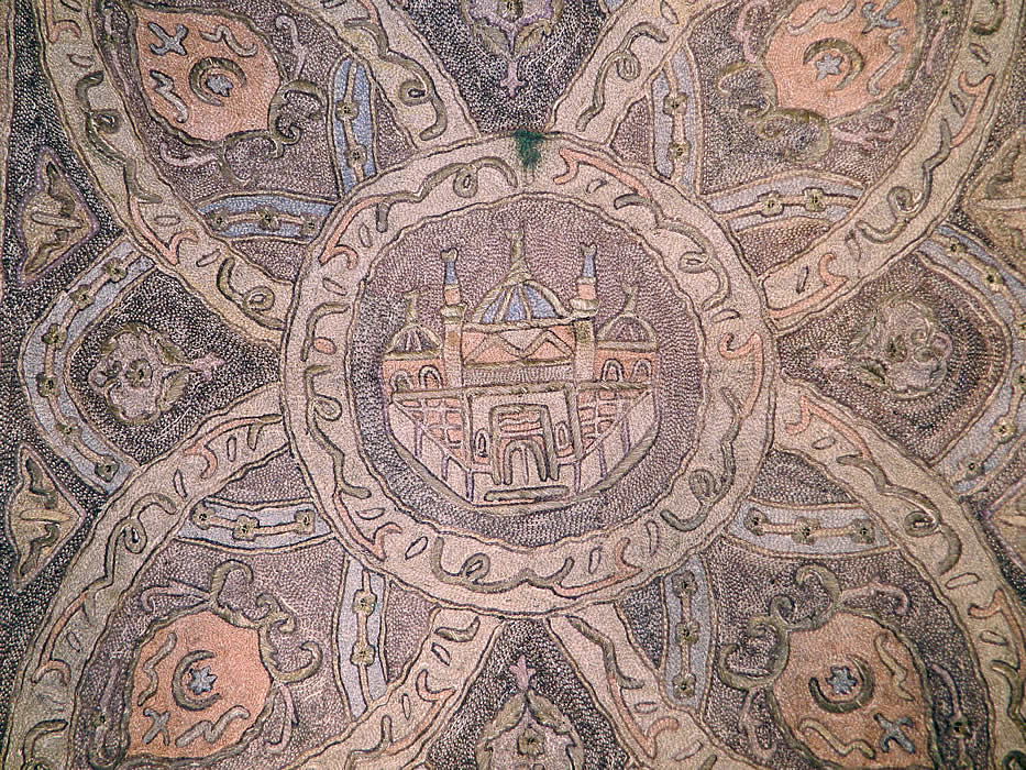 Antique Ottoman Turkish Hagia Sophia Gold Metallic Embroidered Linen Tablecloth
It is made of a natural flax linen fabric with hand embroidered colored metallic and gold threads done in tambour chain stitch crewel needlework.