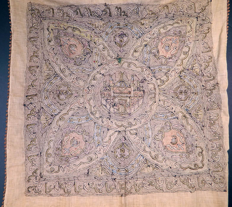 Antique Ottoman Turkish Hagia Sophia Gold Metallic Embroidered Linen Tablecloth
The tablecover is in good condition, but was used as a wall hanging with tiny frays in each corner from being nailed, hung to a wall and has a small discoloration tarnish stain near the center (see close-up). This is truly a wonderful piece of antique Turkish textile art! 

