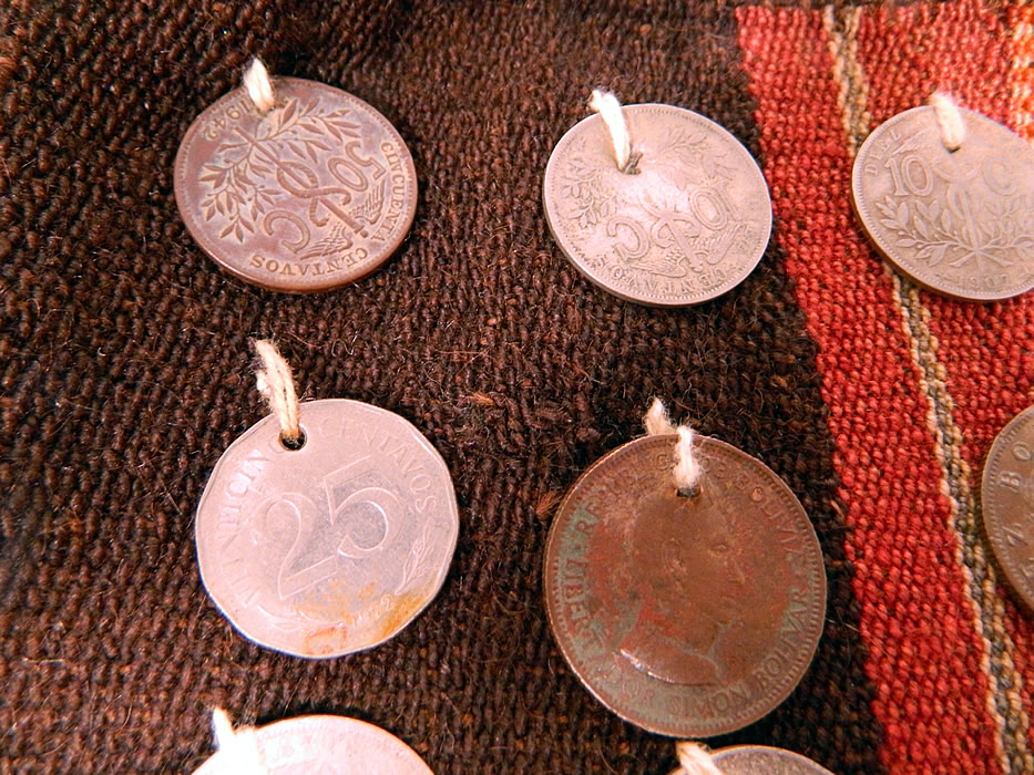 Antique Bolivia Silver Coin Chuspa Coca Woven Weave Bag
The bag measures 8 1/2 inches long and 7 inches wide. 