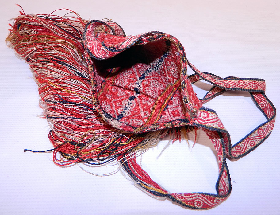 Antique Bolivia Chuspa Coca Red Wool Woven Weave Hand Loom Fringe Boho Bag
It is made of a colorful natural dye wool weave fabric in prominent shades of red, with a woven striped pattern decorative design done on both sides.